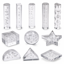Grid of clear bubble acrylic pieces - round, square and twisted rods plus a cube, disc, star and pyramid