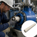 Engineer fitting a cream PEEK sleeve into a blue flanged pump, round inset of a plain rod