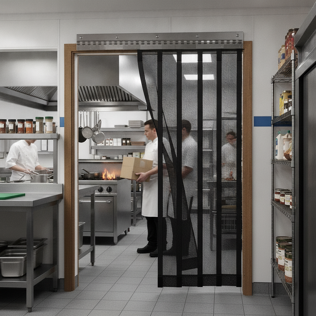 Flymesh insect strip curtain installed in commercial kitchen doorway - professional fly barrier UK