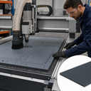 CNC router cutting shapes from a large dark grey uPVC sheet, operator watching, inset thin grey panel