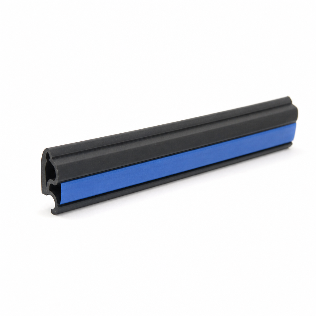 Black door moulding profile with blue centre insert, angled studio shot