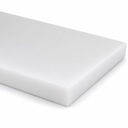 Thick white acetal slab on white, deep square-sawn edge along the front