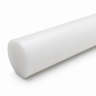 Milky white Delrin rod filling the frame on white, rounded cut end towards the lower left