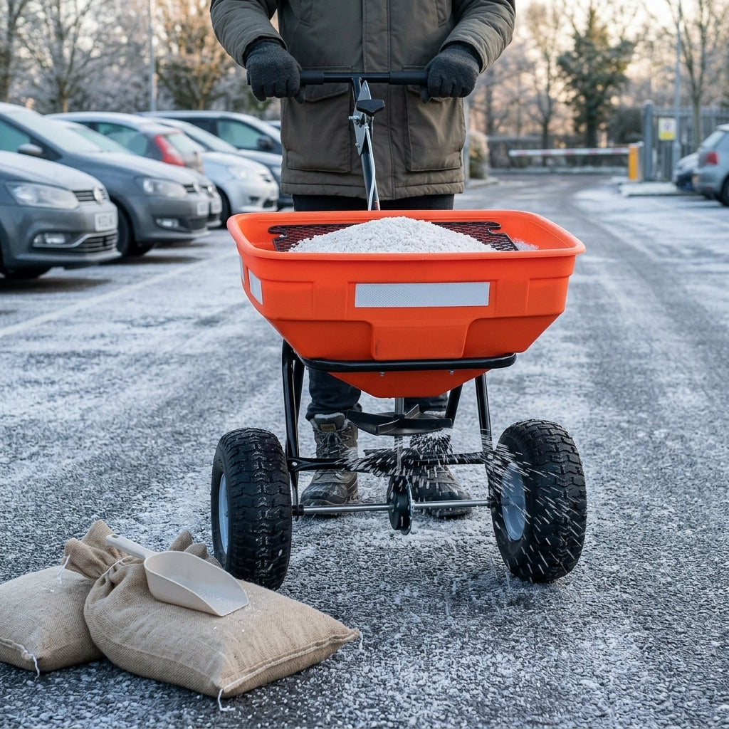 Push Salt and Grit Spreader with Pneumatic Wheels – 57kg Capacity