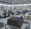 Stack of dark grey fluted plastic sheets on a table in a factory, staff in blue at machines behind