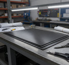 Black fluted plastic panels stacked on a steel bench under a strip light, snips and drawings alongside
