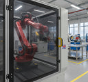 Red robot arm working inside a clear-glazed guard enclosure on a bright factory floor