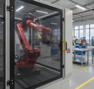 Red robot arm working inside a clear-glazed guard enclosure on a bright factory floor