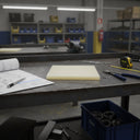 Single cream nylon panel on a steel bench beside a drawing, pen, pliers and tape measure