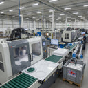 White polypropylene panels moving along a green conveyor between CNC machines in a bright factory