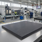 Thick dark grey polyethylene slab on a factory floor, CNC machines and staff in blue behind