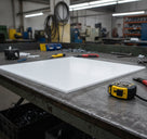 White PTFE sheet lying on a steel workshop bench beside a tape measure and hand tools