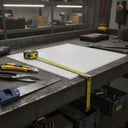White HDPE sheet on a workbench with a tape measure across it, pliers, saw and knife to one side