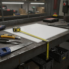 White HDPE sheet on a workbench with a tape measure across it, pliers, saw and knife to one side
