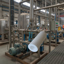 Opaque white PTFE tube composited over an industrial plant room with stainless vessels, pumps and pipework.