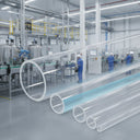 Large clear acrylic tubes composited over a factory floor where workers in blue overalls tend process lines.