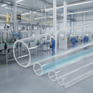 Large clear acrylic tubes composited over a factory floor where workers in blue overalls tend process lines.