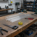 Bundle of clear acrylic tubes on a workshop bench with a hacksaw, tape measure and cutting tools around them.