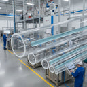 Clear acrylic tubes in several bores composited over a bright factory with a robot arm and workers in blue.