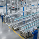 Clear acrylic tubes in several bores composited over a bright factory with a robot arm and workers in blue.