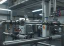 Clear polycarbonate tube fitted as a sight glass in steel pipework with a pressure gauge, in a plant room.