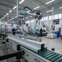 White channel sections on a conveyor in a bright assembly hall, robot arms and Union flags overhead