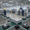 White moulded part on a conveyor in an electronics assembly hall, staff in blue and yellow hard hats