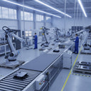 Grey panel on a roller conveyor in a robot-lined assembly hall, staff in blue overalls at consoles