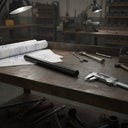 Black acetal rod on a dark workbench with rolled drawings, spanners and digital callipers