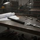 Black acetal rod on a dark workbench with rolled drawings, spanners and digital callipers