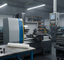 White acetal rod on a bench in front of a blue and grey CNC lathe on a workshop floor
