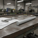 Slim pale grey PVC rod on a steel workbench beside callipers, drill bits and printed drawings