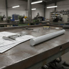Slim pale grey PVC rod on a steel workbench beside callipers, drill bits and printed drawings