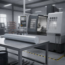 Pale grey PVC rod on a steel bench in a bright machine shop with a CNC lathe behind