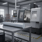 Pale grey PVC rod on a steel bench in a bright machine shop with a CNC lathe behind