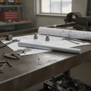 Pale grey PVC rod resting across rolled drawings on a workbench with a vice and callipers