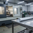 Long pale grey PVC rod on a stainless bench in a tidy workshop beside a CNC turning centre