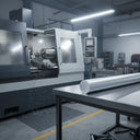 Large grey PVC rod on a steel table in front of a CNC lathe, cut end face towards the camera