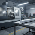 Large grey PVC rod on a steel table in front of a CNC lathe, cut end face towards the camera