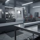 Grey PVC rod on a steel table beside a grey CNC turning centre in a lit workshop