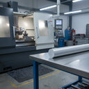 Grey PVC rod on a blue-framed steel table in front of an open CNC lathe