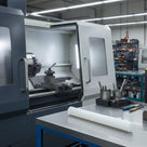 White HDPE rod on a bench beside an open CNC lathe, tool holders in pots and an operator behind