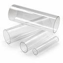 Four clear acrylic tubes in graduated diameters fanned out on white, cut ends towards the camera