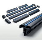 Full set of black door mouldings with blue insert stripe and corner caps, white background