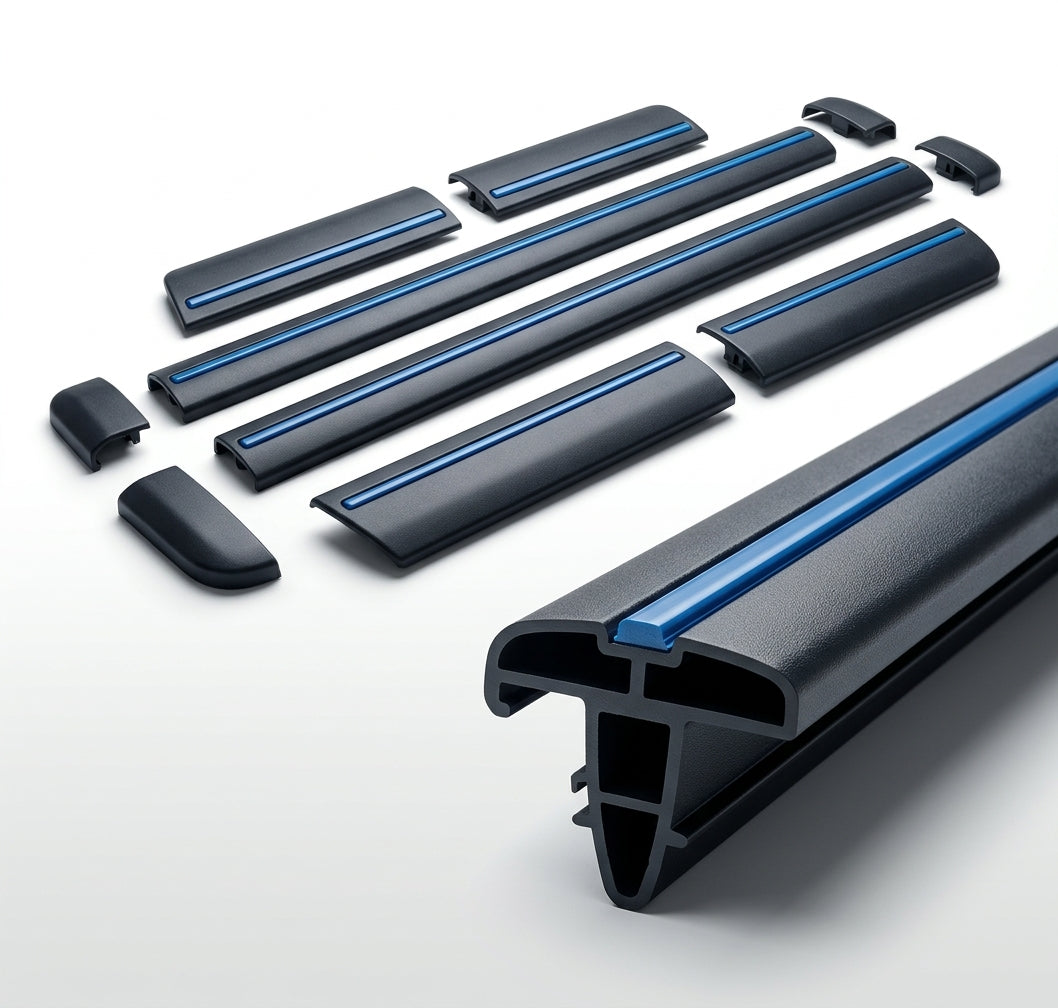 Full set of black door mouldings with blue insert stripe and corner caps, white background