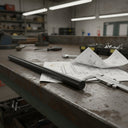 Black nylon rod on a rusty steel bench over drawings, with a spanner and callipers alongside