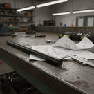 Black nylon rod on a rusty steel bench over drawings, with a spanner and callipers alongside