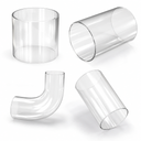Four clear acrylic tube pieces on white, including a short ring, two angled offcuts and a 90-degree curved bend.