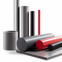 Grey, black and red PVC rods with a tube, a ring and a grey sheet, studio shot on white