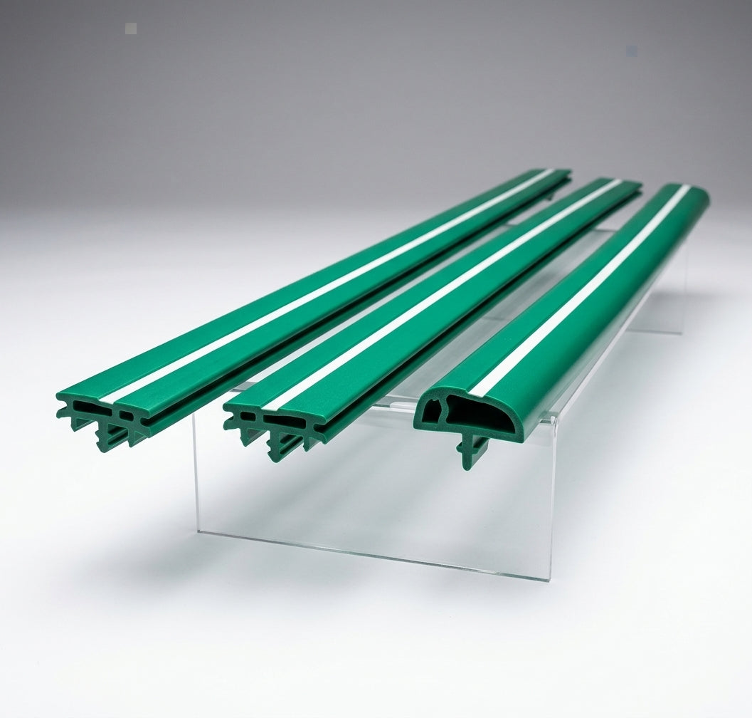 Three green moulding pieces with a white centre stripe displayed on a stand